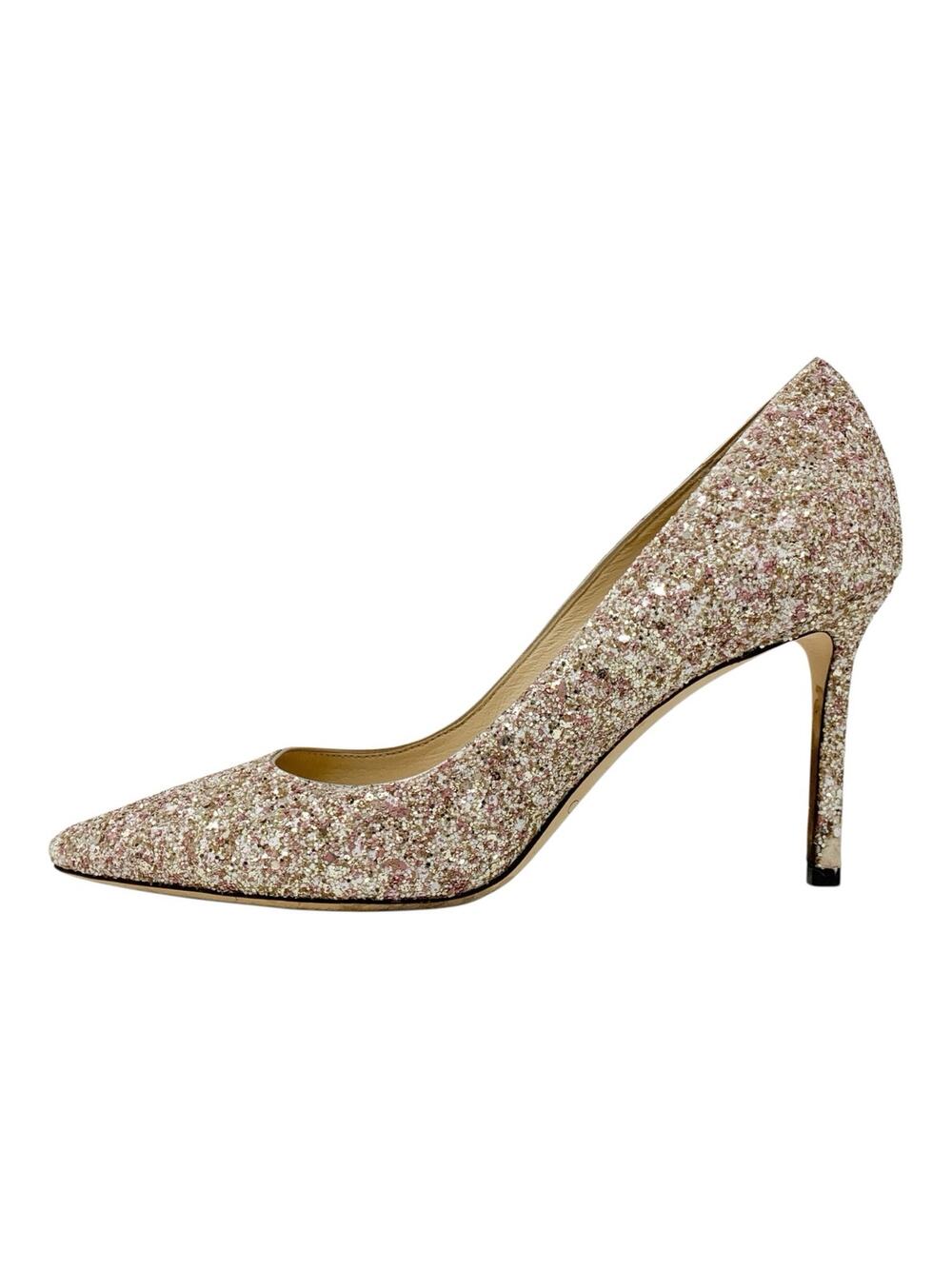Jimmy Choo Romy 85 Rosewood Gold Coarse Glitter Pumps EU 37.5
